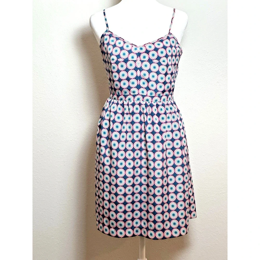 J Crew Print Seaside Pink Blue‎ Spaghetti Strap Cocktail Party Dress Size (2)